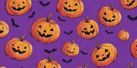 A fun pattern of Jack-o'-lanterns and bats on a vibrant purple background, perfect for Halloween-themed projects