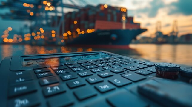 Global e-commerce site with detailed tax and duty calculators, close-up of international shipping costs and tax details..