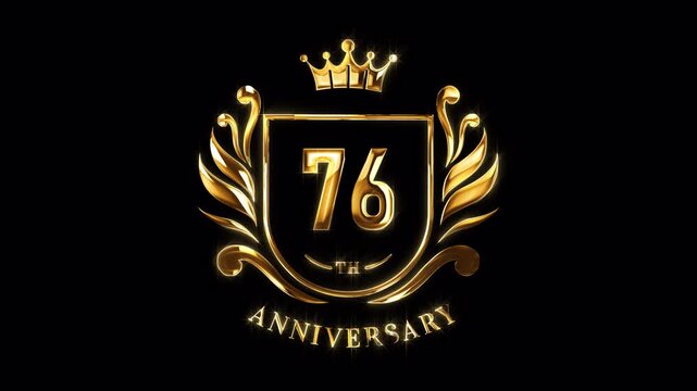 76th Anniversary Celebration. Happy 76 Years Anniversary Animation in Gold Color on the Transparent Background, Alpha Channel. Great for greetings, celebrations, events, and gifts.
