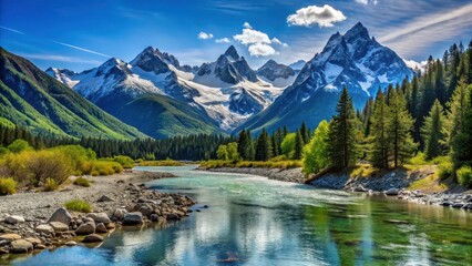 Fototapeta premium Mountain range with a tranquil river, clear water, snow-covered peaks , tranquil, serene, river, calm, clear water