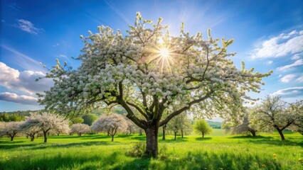 Fototapeta premium Apple tree in full bloom on a sunny spring day, apple tree, blossom, spring, sunny, day, flowers, nature, blooming, bright