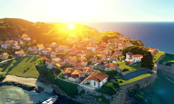 aerial drone iconic village near ocean seamless looping overlay 4k virtual video animation background