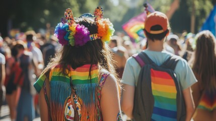 Fototapeta premium A vibrant crowd at a pride parade, showcasing colorful outfits and a celebration of diversity.
