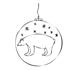 Merry Christmas vector illustration. Christmas ornament with polar bear and snowflakes. Black and white graphics. Happy New Year. Silhouette of Christmas bauble with animal. For postcard, textile