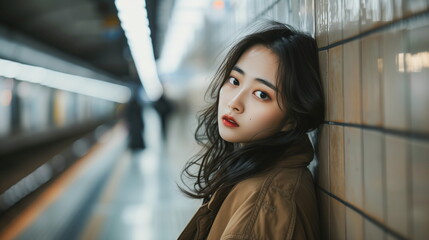地下鉄のホームにいる若い女性