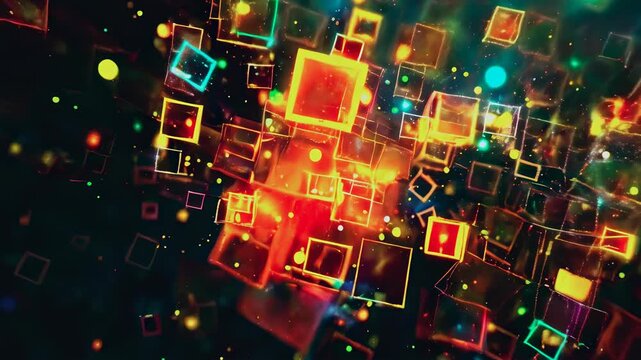 Brightly colored squares and rectangles float and shimmer against a dark background. The vibrant hues and dynamic movement create an abstract, energetic scene. The glowing shapes vary in size, adding