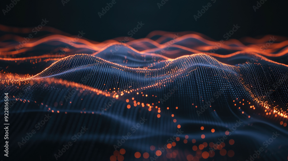 Wall mural cyber data waves in digital space, network surface abstract background. dots and lights of secure te