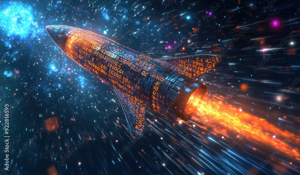 Wall mural a rocket made of digital code with data visualization lines is flying through a vast space network, 