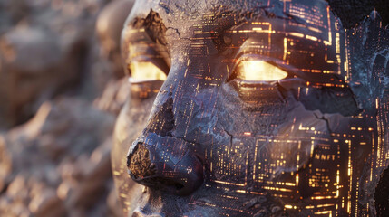 Head of stone woman statue like digital sculpture, NFT token and crypto art at online gallery. Concept of blockchain, non-fungible cryptocurrency, face, eye, bitcoin
