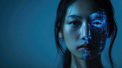 Facial recognition technology, Asian woman face with lines of AI biometric system, digital scanning of person. Concept of verification, identification, background, science