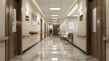 Modern interior of luxury clinic hallway, clean marble floor and wood finish in office or hospital, hall with beige brown design. Concept of business, building, company