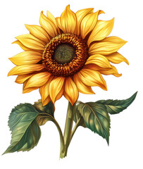 Sunflower with green leaves on white, cut out - stock png.