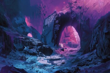 Mystical Alien Landscape with Glowing Archway and Crystal Formations