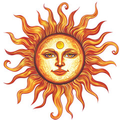 Colorful artistic sun with a face and rays, cut out - stock png.