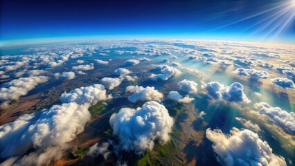 Fototapeta premium Aerial view of the earth with fluffy clouds , planet, atmosphere, sky, blue, white, nature, environment, aerial, landscape