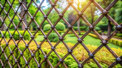 Fototapeta premium Iron lattice fence in a garden, iron, lattice, fence, metal, ornate, decorative, backyard, outdoor, home, security