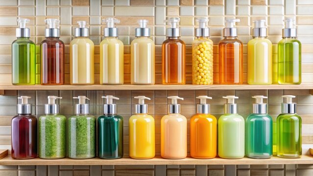 Organic shower gels in different scents displayed on a shelf , beauty, skincare, body care, natural, eco-friendly