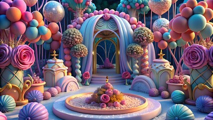 Fototapeta premium Flowers, balloons, wedding, festive mood in 3D
