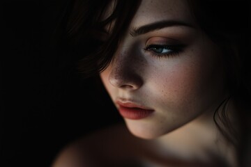 Close-up of a young woman with freckles and soft lighting highlighting her delicate features