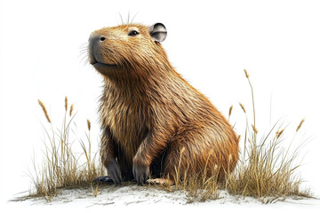 Cute Capybara: A capybara sitting calmly in a patch of grass against a white background.