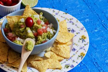 Color image of guacamole accompanied by chopped tomatoes and onions and nachos