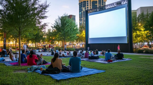 Families and friends enjoy an outdoor movie in a park as the sun sets, gathered on blankets in front of a large screen.