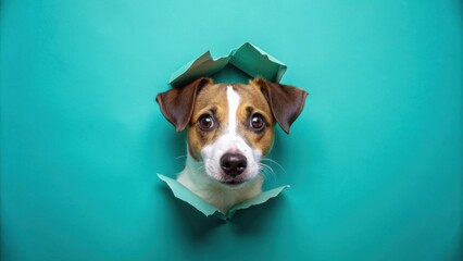 Curious Jack Russel Terrier poking its head through torn hole in turquoise paper wall, dog, Jack Russel Terrier, pet, curious