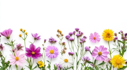 Fototapeta premium A vibrant display of flowers in pastel pink, sunny yellow, and royal purple against a crisp white background, perfect for celebrating spring and enhancing floral designs in any setting