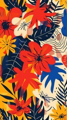 A vibrant arrangement of various flowers and leaves creates a lively and colorful design