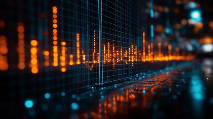 A digital sound wave visualization with glowing orange elements on a dark background.