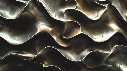 A close-up view of abstract, wavy, metallic patterns intricately lit to highlight their soft, flowing forms. The image captures the complex textures and smooth curves of the metal surface, evoking a