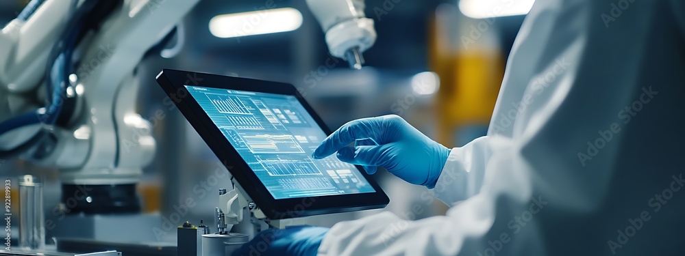 Leinwandbilder Close-Up of a Factory Worker Operating a Robotic Arm via a Touchscreen Interface
