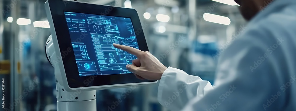 Fototapete Close-Up of a Factory Worker Operating a Robotic Arm via a Touchscreen Interface