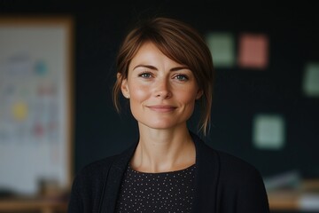 Portrait of a young Caucasian woman with short brown hair, smiling gently in a classroom with educational posters.