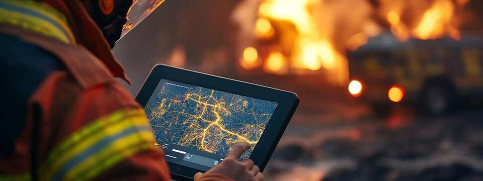 Firefighter Using Digital Mapping Tool on Rugged Tablet, Emergency Response Data Displayed, Blurred Equipment Background - Powered by Adobe