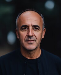 Obraz premium Close-up portrait of a middle-aged man with a serious expression, set in a natural outdoor setting
