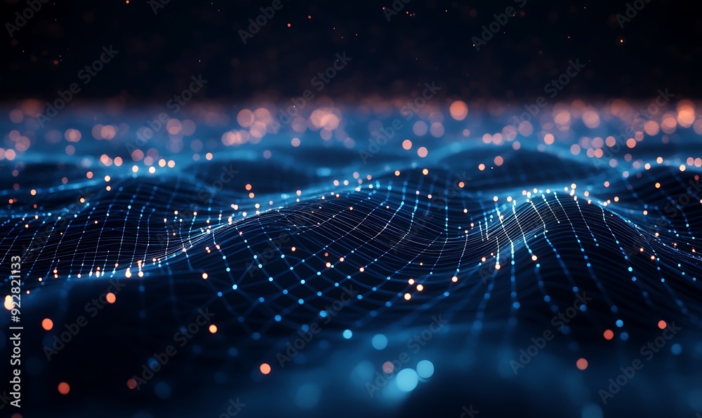 Poster Abstract Futuristic Grid of Interconnected Lights and Lines, Representing AI Processing Data, Dark Digital Landscape