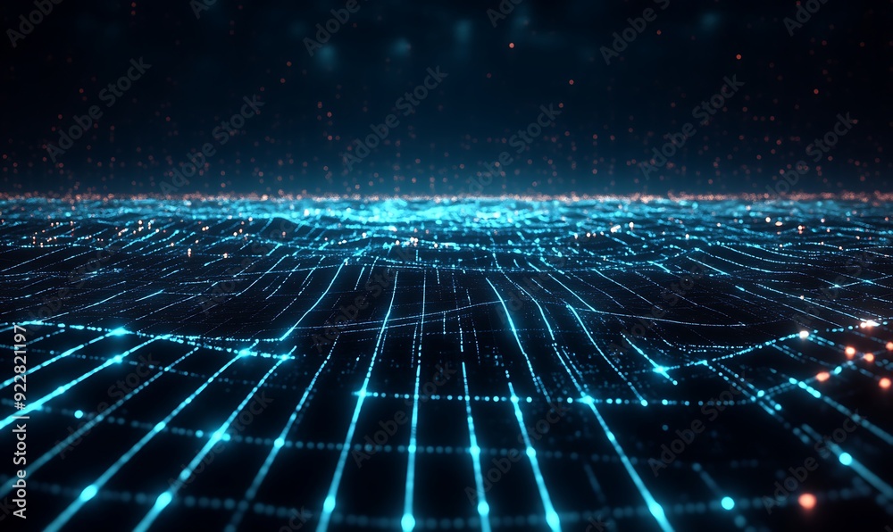 Poster Abstract Futuristic Grid of Interconnected Lights and Lines, Representing AI Processing Data, Dark Digital Landscape