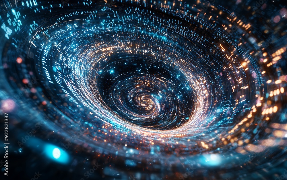 Poster Swirling Vortex of Digital Code and Light, Representing AI Algorithms Complexity, Cosmic Void Background