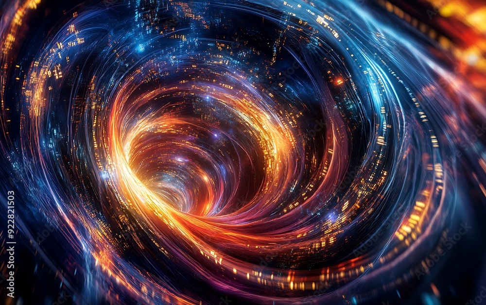 Aufkleber Swirling Vortex of Digital Code and Light, Representing AI Algorithms Complexity, Cosmic Void Background
