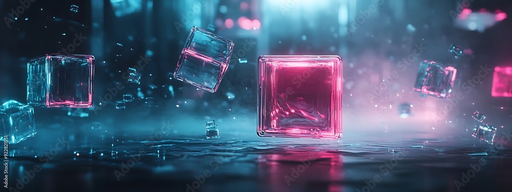 Poster Abstract AI Representation with Glowing Cubes Connected by Streams of Light, Floating in Futuristic Space