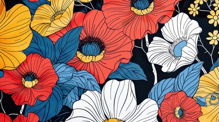 A colorful arrangement of flowers in red, yellow, and blue brings life to a dark background, highlighting their unique shapes and designs