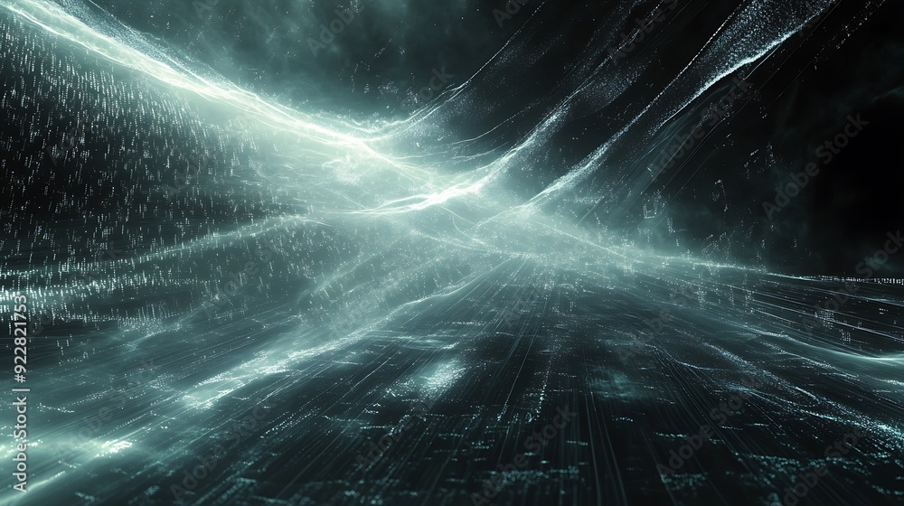 Aufkleber Digital Cloud of Light Particles and Code Fragments, Representing AI Processing Power, Dark High-Tech Environment