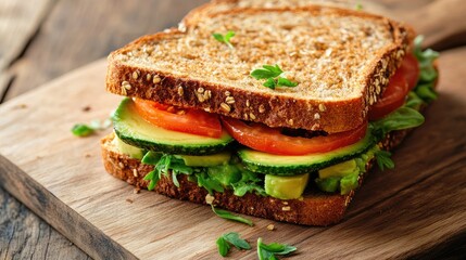 Healthy sandwich with whole-grain bread, avocado, and tomato slices, presented on a wooden cutting board. Top view.