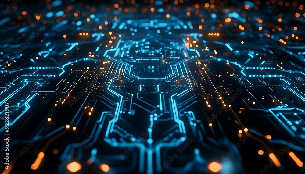 Aufkleber Abstract AI Visualization as a Glowing Circuit Board, Complex Patterns and Connections in Dark Digital Space