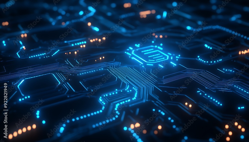 Aufkleber Abstract AI Visualization as a Glowing Circuit Board, Complex Patterns and Connections in Dark Digital Space