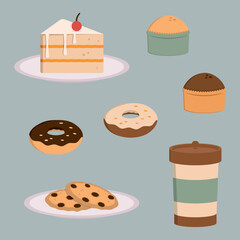 Vector illustration. Set of cute minimalistic sweets.