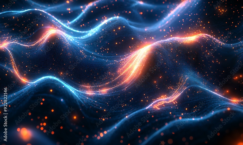 Poster Futuristic Abstract Landscape of Flowing Light Waves and Digital Particles, Representing AI Processes in Ethereal Void
