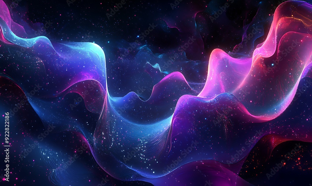 Poster Futuristic Abstract Landscape of Flowing Light Waves and Digital Particles, Representing AI Processes in Ethereal Void