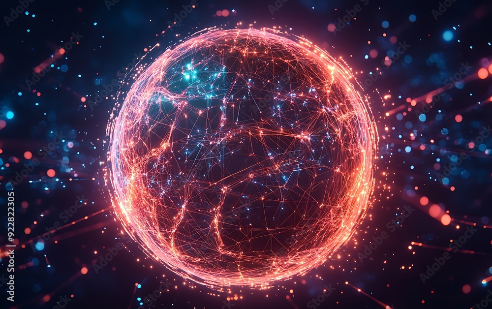 Poster Abstract Glowing Sphere of Interconnected Lines and Nodes, Representing AI Neural Networks in Digital Void